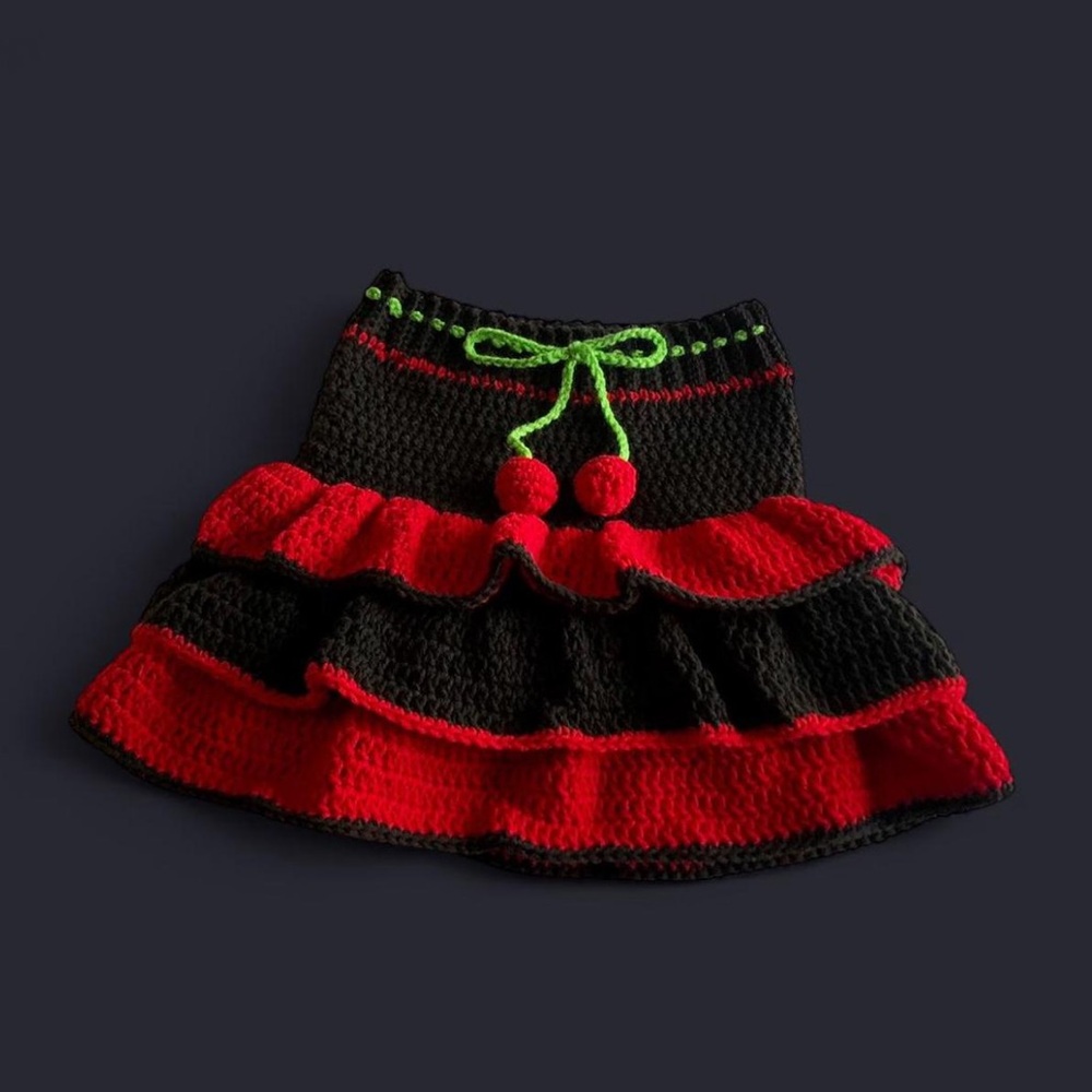 crochet black and red ruffle skirt with cherry drawstring HANDMADE